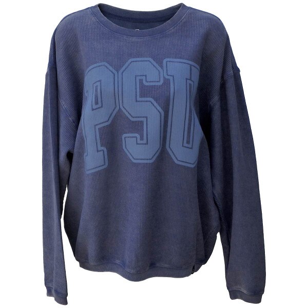 navy women's corded crew with large PSU varsity puff graphic